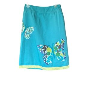 Boden ALine 100% Cotton Teal Lined Side Zipper Appliqué Butterfly Skirt. Size 6L